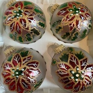 Kurt Adler Frosted Glass Poinsettia Set of 4 Christmas Ornaments